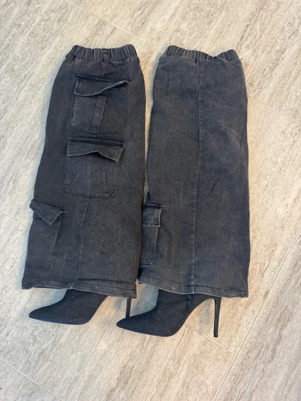 SCANDALOUS OVER THE KNEE STILETTO CARGO BOOT IN Charcoal DENIM